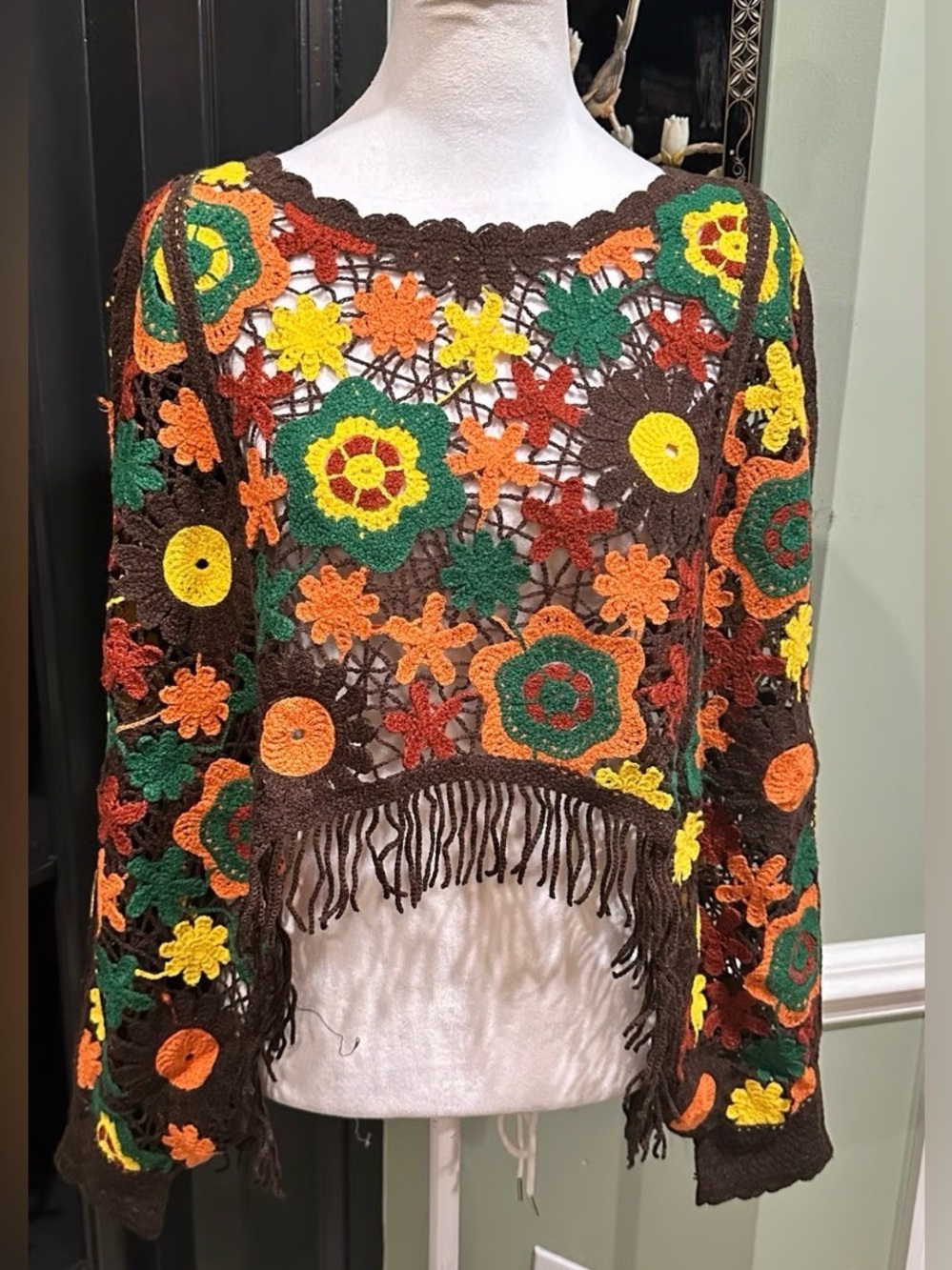 House of Harlow 1960 crochet knit fringe poncho sweater